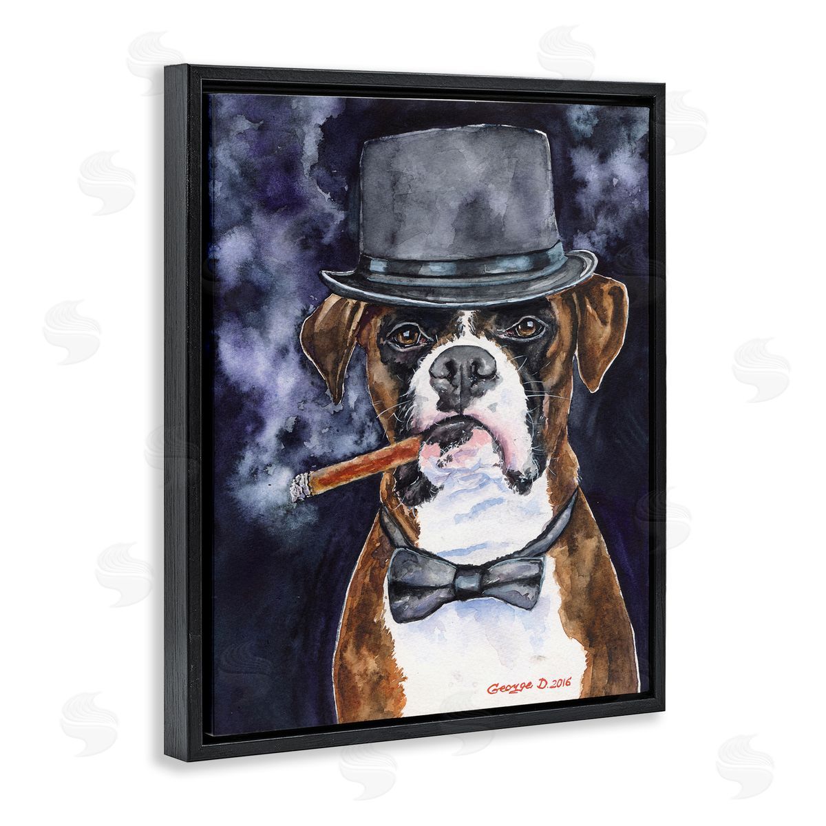 George Dyachenko Sophisticated Boxer Dog Portrait Top Hat Pet Black Floater Frame Canvas Art