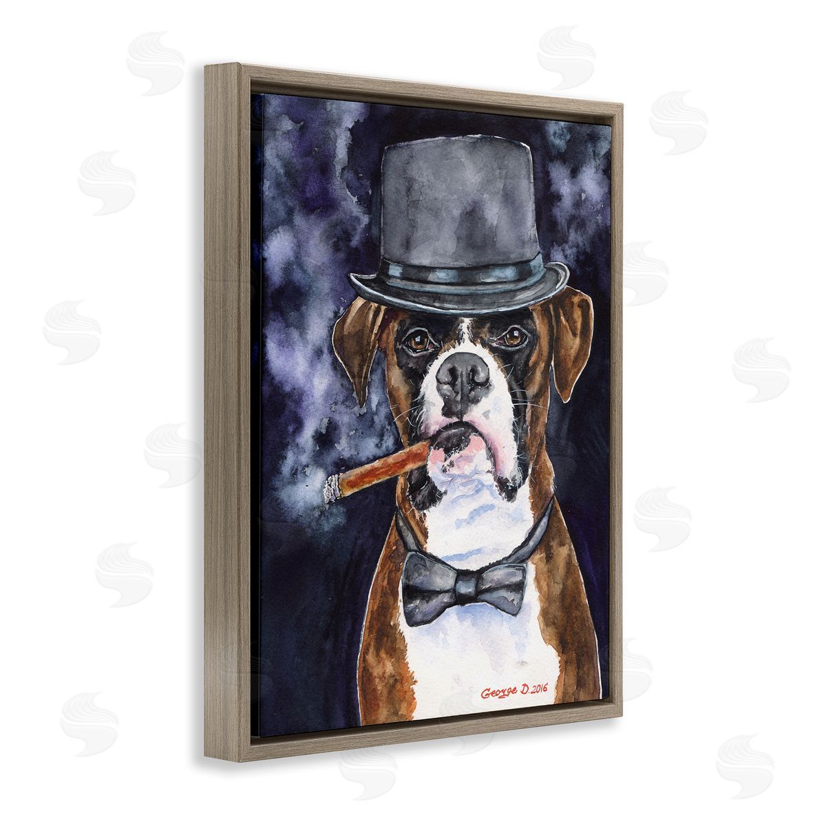 George Dyachenko Sophisticated Boxer Dog Portrait Top Hat Pet Brown Floater Frame Canvas Art
