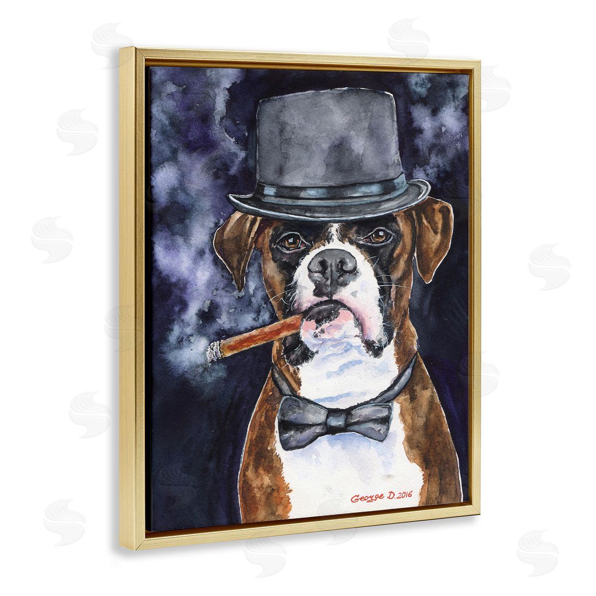 George Dyachenko Sophisticated Boxer Dog Portrait Top Hat Pet Gold Floater Frame Canvas Art