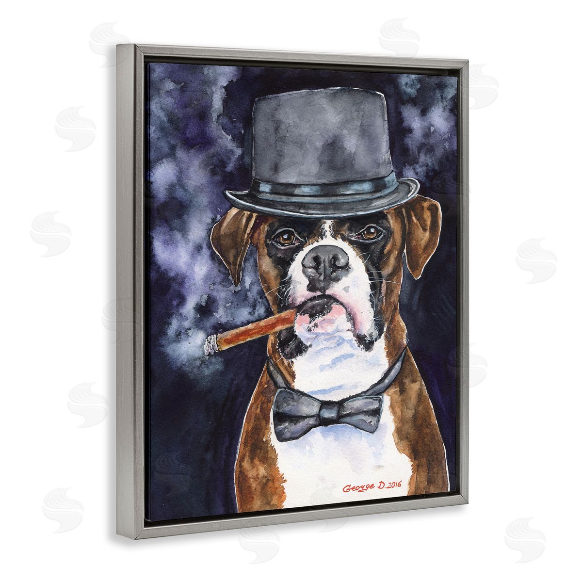 George Dyachenko Sophisticated Boxer Dog Portrait Top Hat Pet Gray Floater Frame Canvas Art