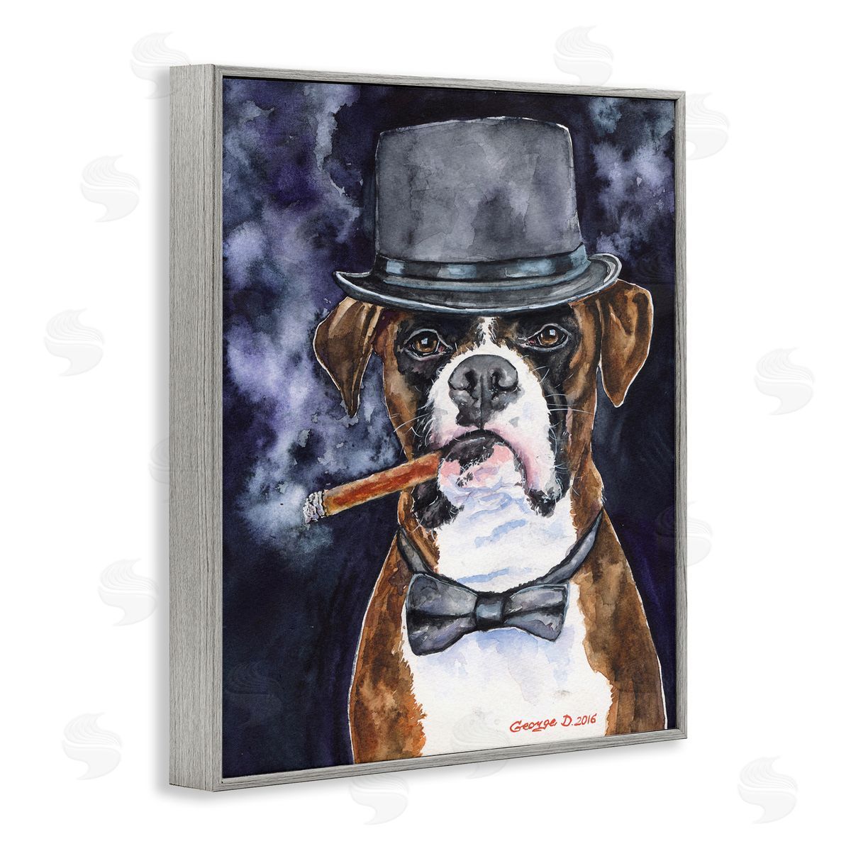 George Dyachenko Sophisticated Boxer Dog Portrait Top Hat Pet Gray Framed Giclee Wall Art