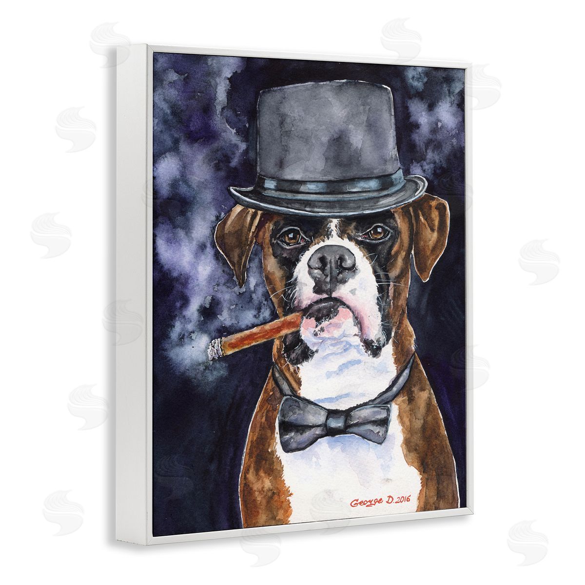 George Dyachenko Sophisticated Boxer Dog Portrait Top Hat Pet White Framed Giclee Wall Art