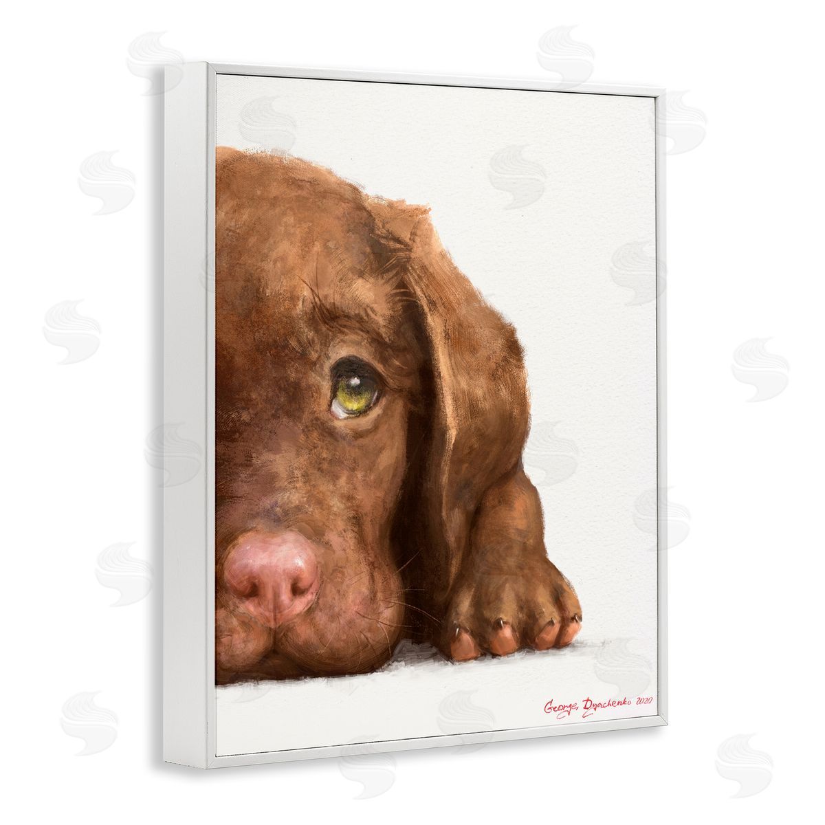 George Dyachenko Chocolate Labrador Puppy Resting Adorable Dog Portrait White Framed Giclee Wall Art