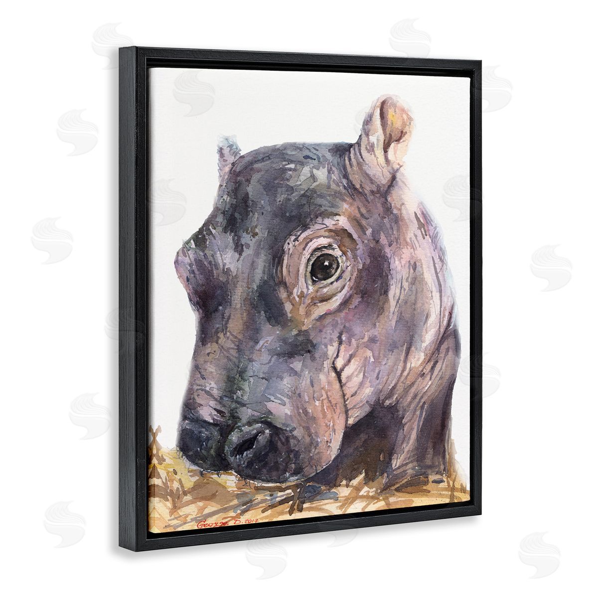 George Dyachenko Baby Hippo Portrait Adorable Grey Safari Animal  Black Floater Frame Canvas Art