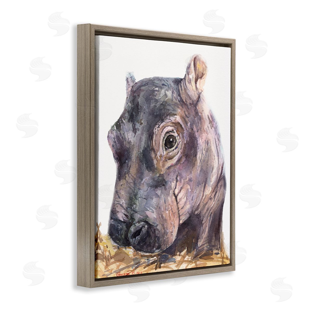 George Dyachenko Baby Hippo Portrait Adorable Grey Safari Animal  Brown Floater Frame Canvas Art