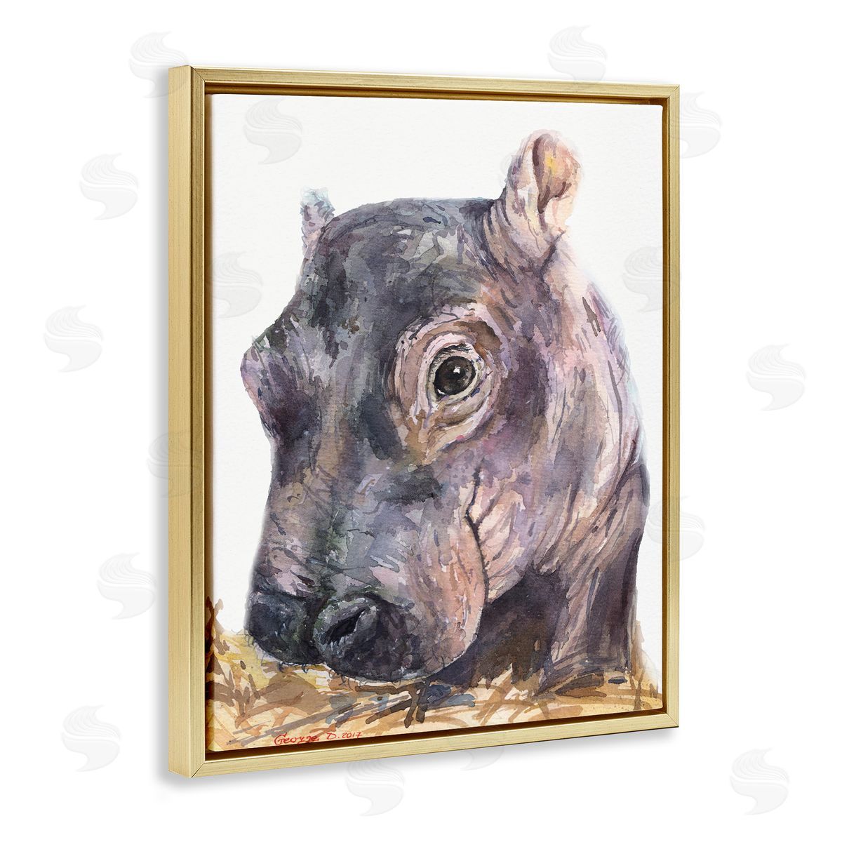 George Dyachenko Baby Hippo Portrait Adorable Grey Safari Animal  Gold Floater Frame Canvas Art