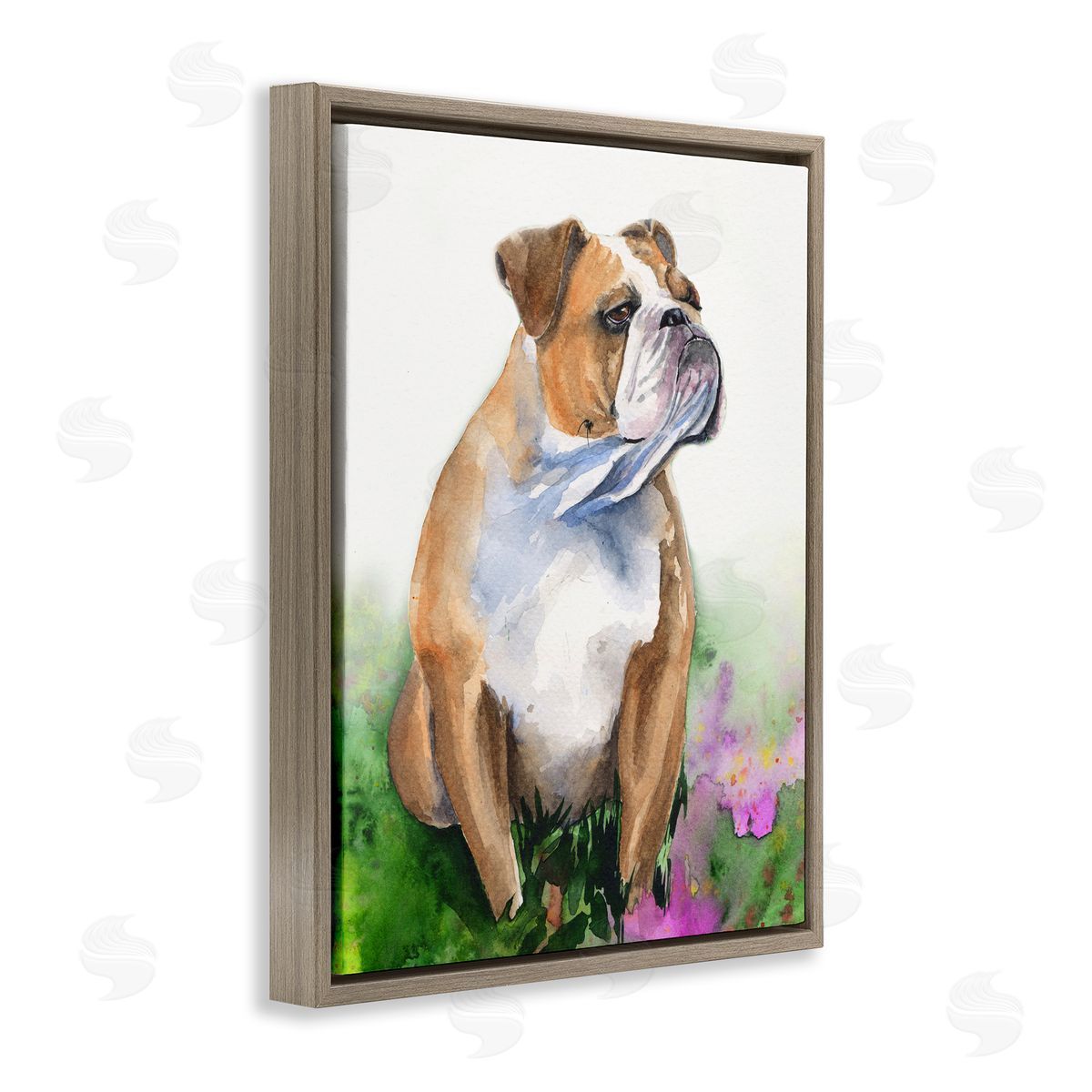 George Dyachenko English Bulldog Grassy Florals Soft Watercolor Portrait Brown Floater Frame Canvas Art