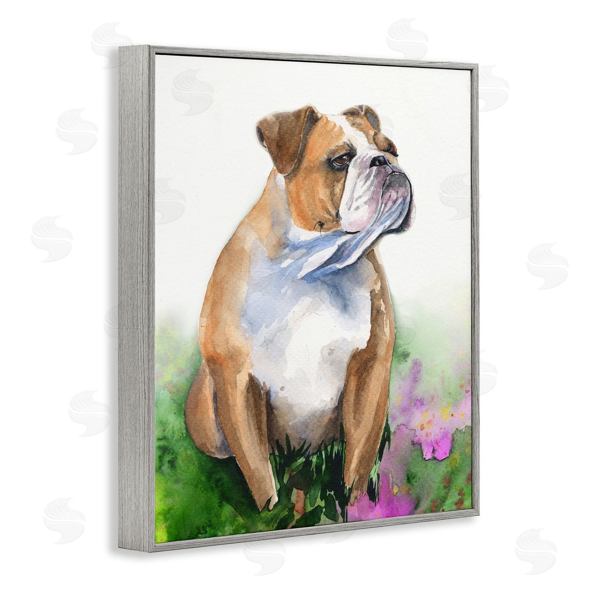 George Dyachenko English Bulldog Grassy Florals Soft Watercolor Portrait Gray Framed Giclee Wall Art