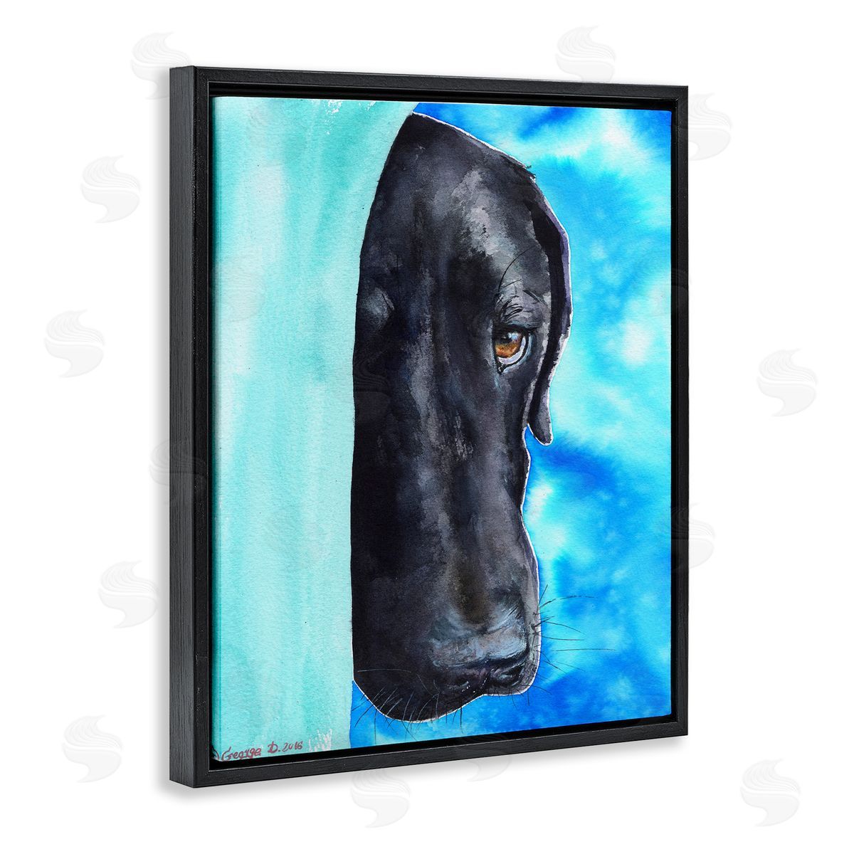 George Dyachenko Bashful Labrador Dog Portrait Vibrant Blue Black Floater Frame Canvas Art