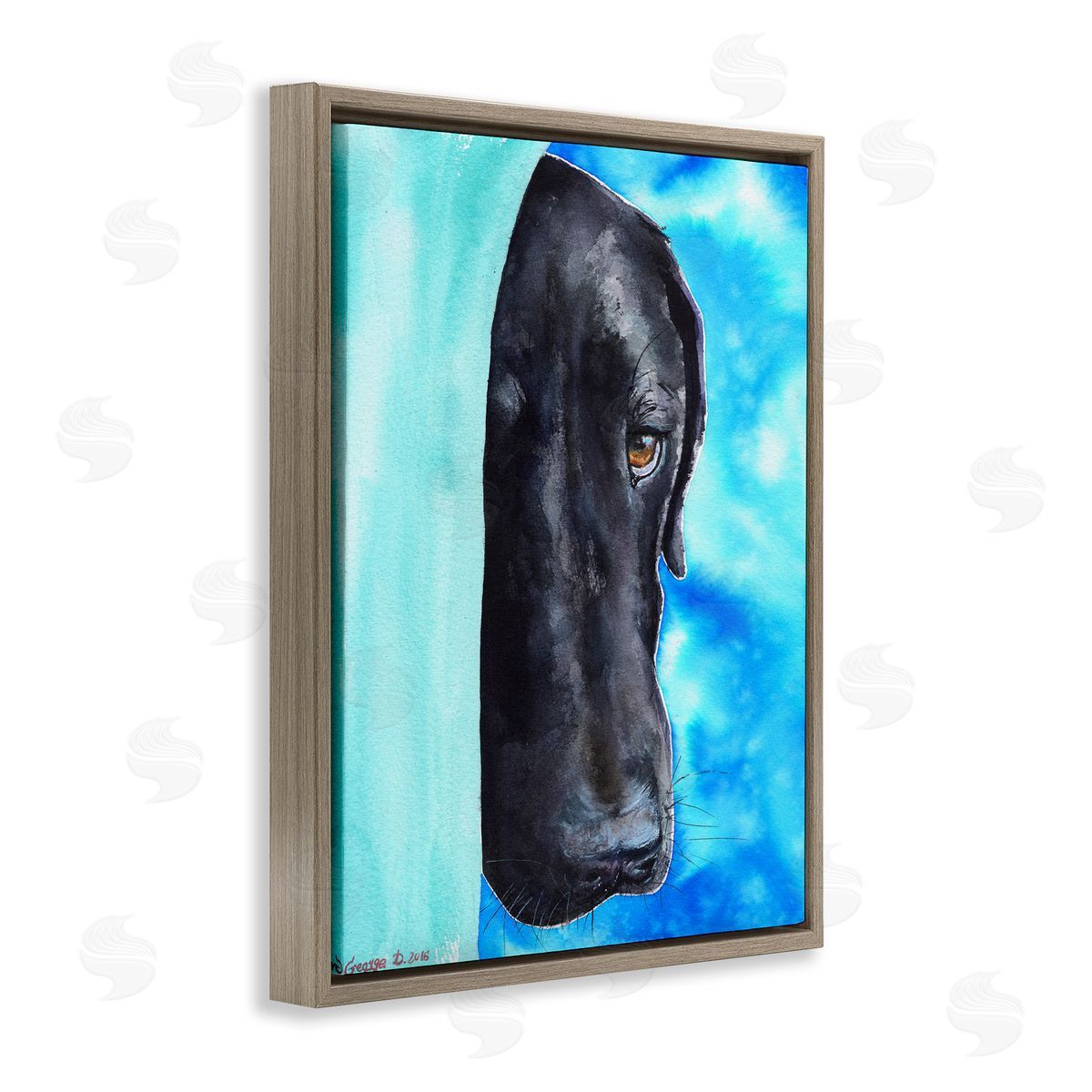 George Dyachenko Bashful Labrador Dog Portrait Vibrant Blue Brown Floater Frame Canvas Art