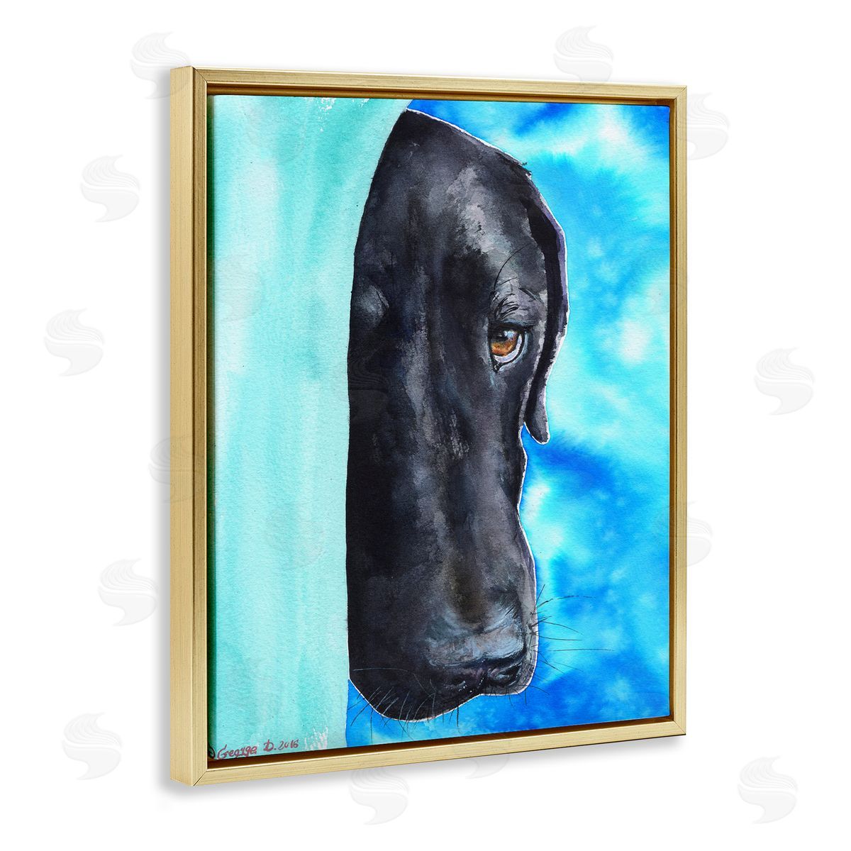George Dyachenko Bashful Labrador Dog Portrait Vibrant Blue Gold Floater Frame Canvas Art