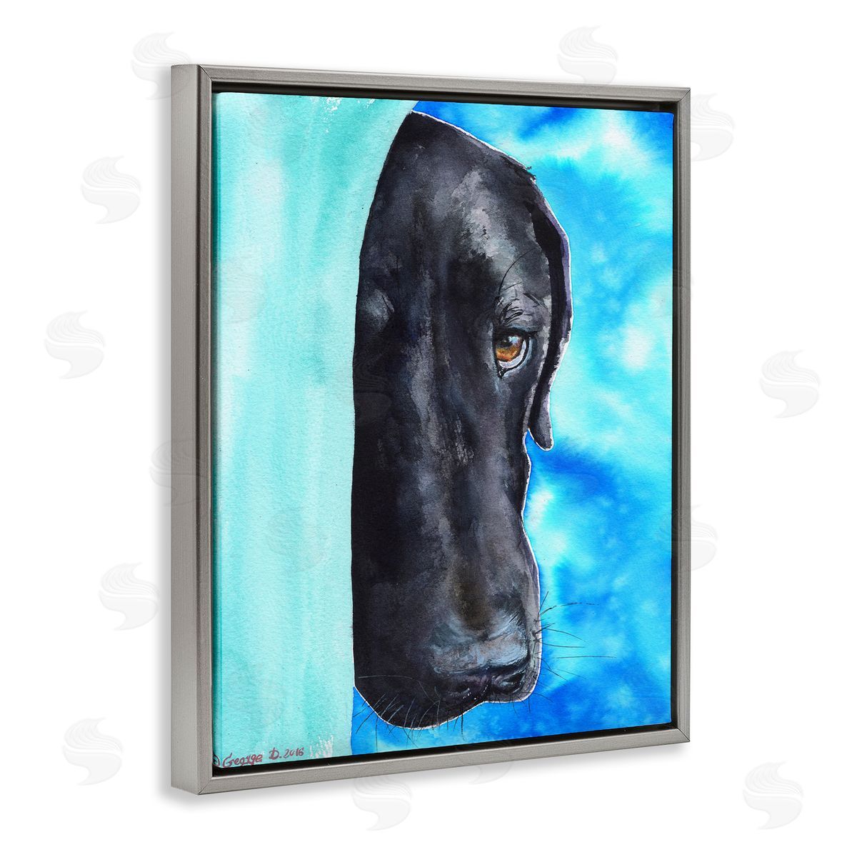 George Dyachenko Bashful Labrador Dog Portrait Vibrant Blue Gray Floater Frame Canvas Art