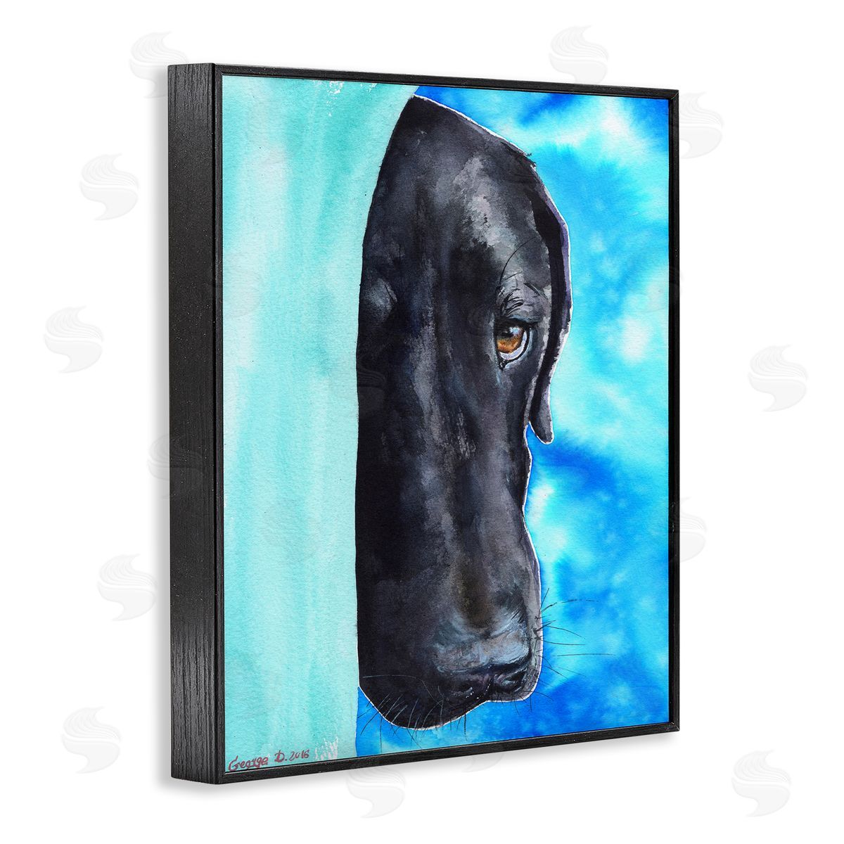 George Dyachenko Bashful Labrador Dog Portrait Vibrant Blue Black Framed Giclee Wall Art
