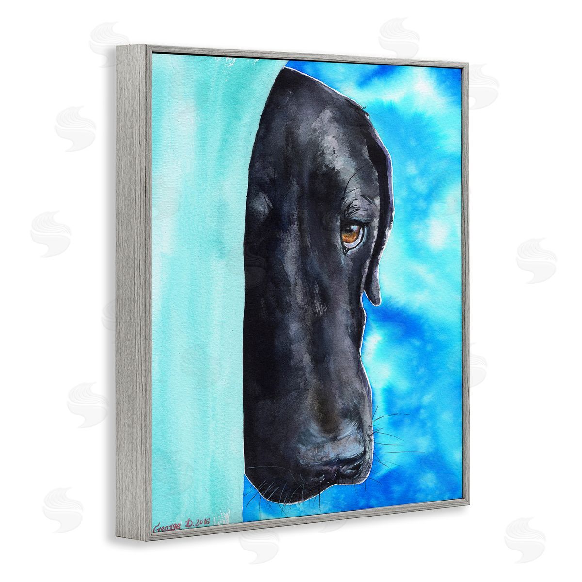 George Dyachenko Bashful Labrador Dog Portrait Vibrant Blue Gray Framed Giclee Wall Art