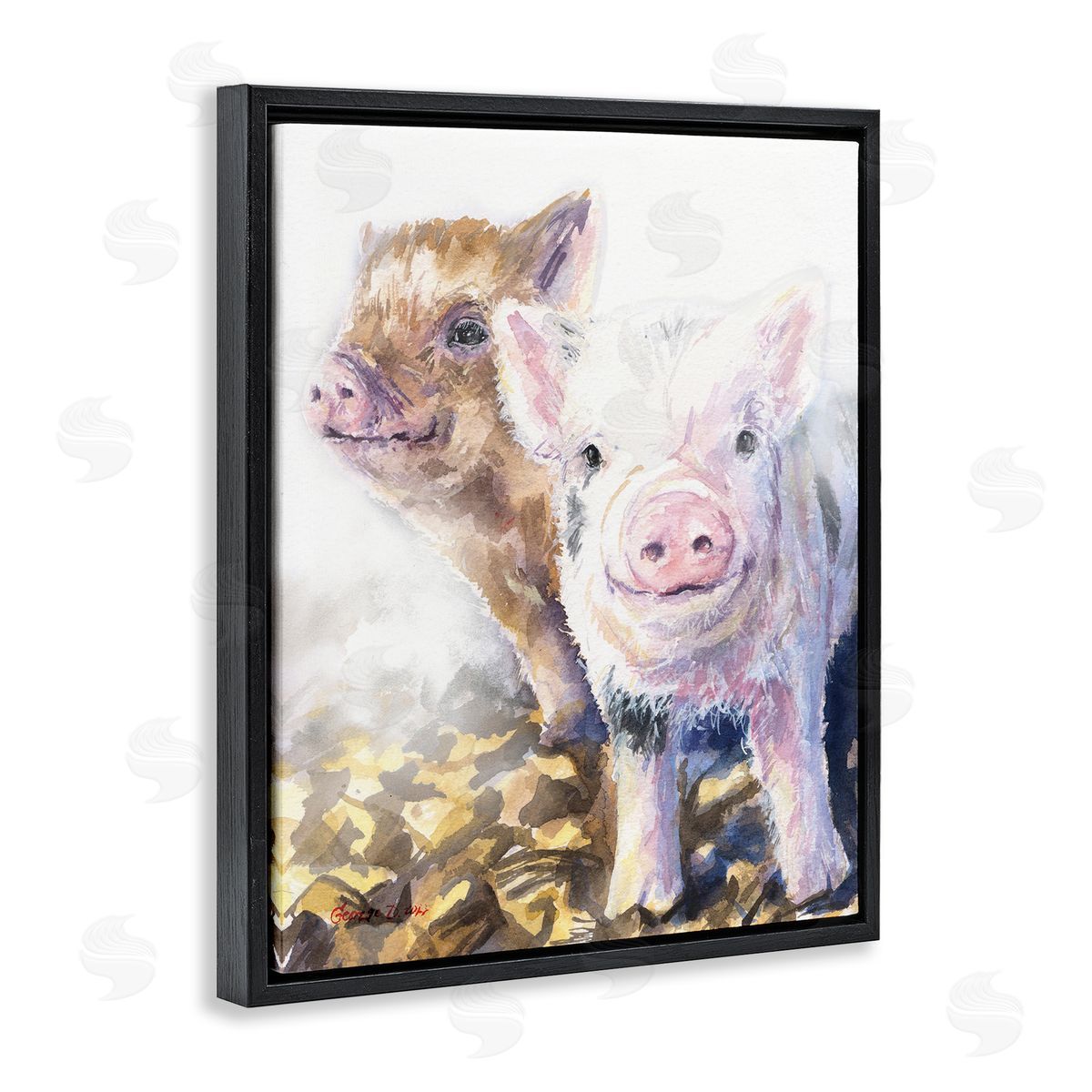George Dyachenko Baby Piglets Smiling Adorable Farm Animals Black Floater Frame Canvas Art