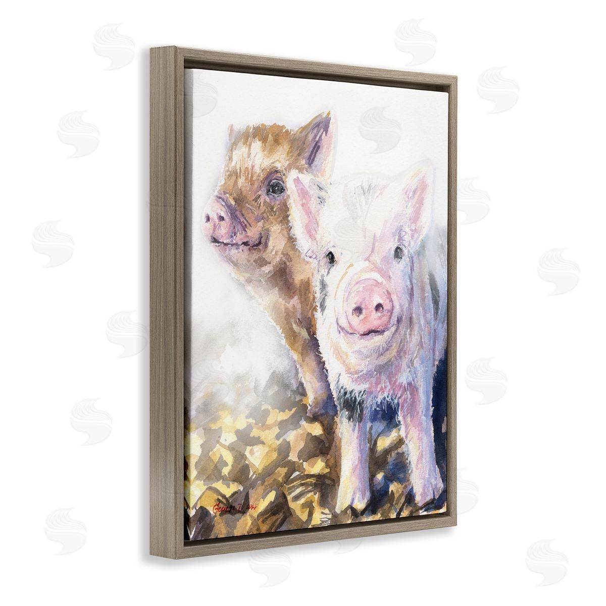 George Dyachenko Baby Piglets Smiling Adorable Farm Animals Brown Floater Frame Canvas Art