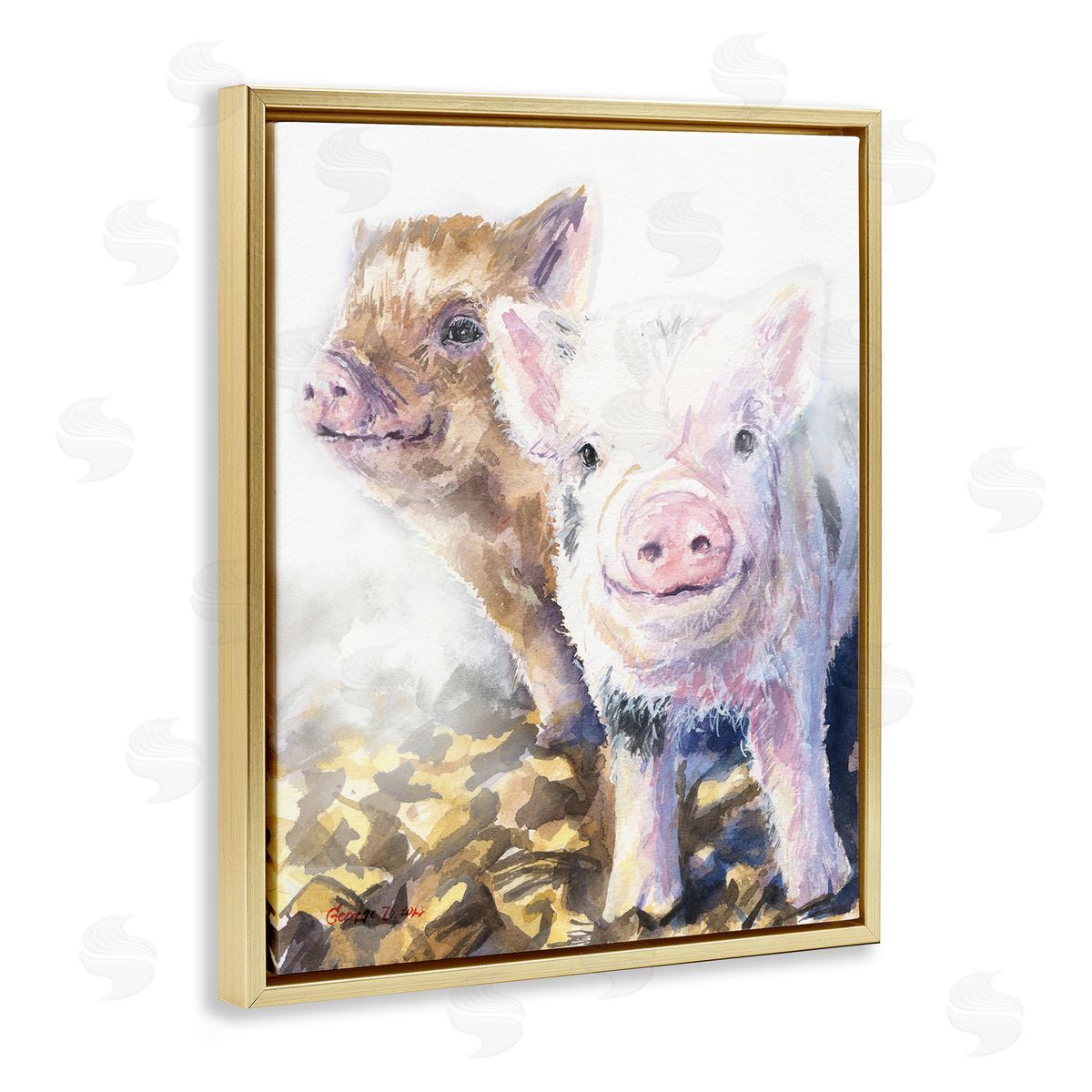 George Dyachenko Baby Piglets Smiling Adorable Farm Animals Gold Floater Frame Canvas Art