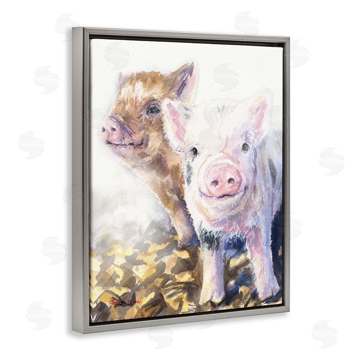 George Dyachenko Baby Piglets Smiling Adorable Farm Animals Gray Floater Frame Canvas Art