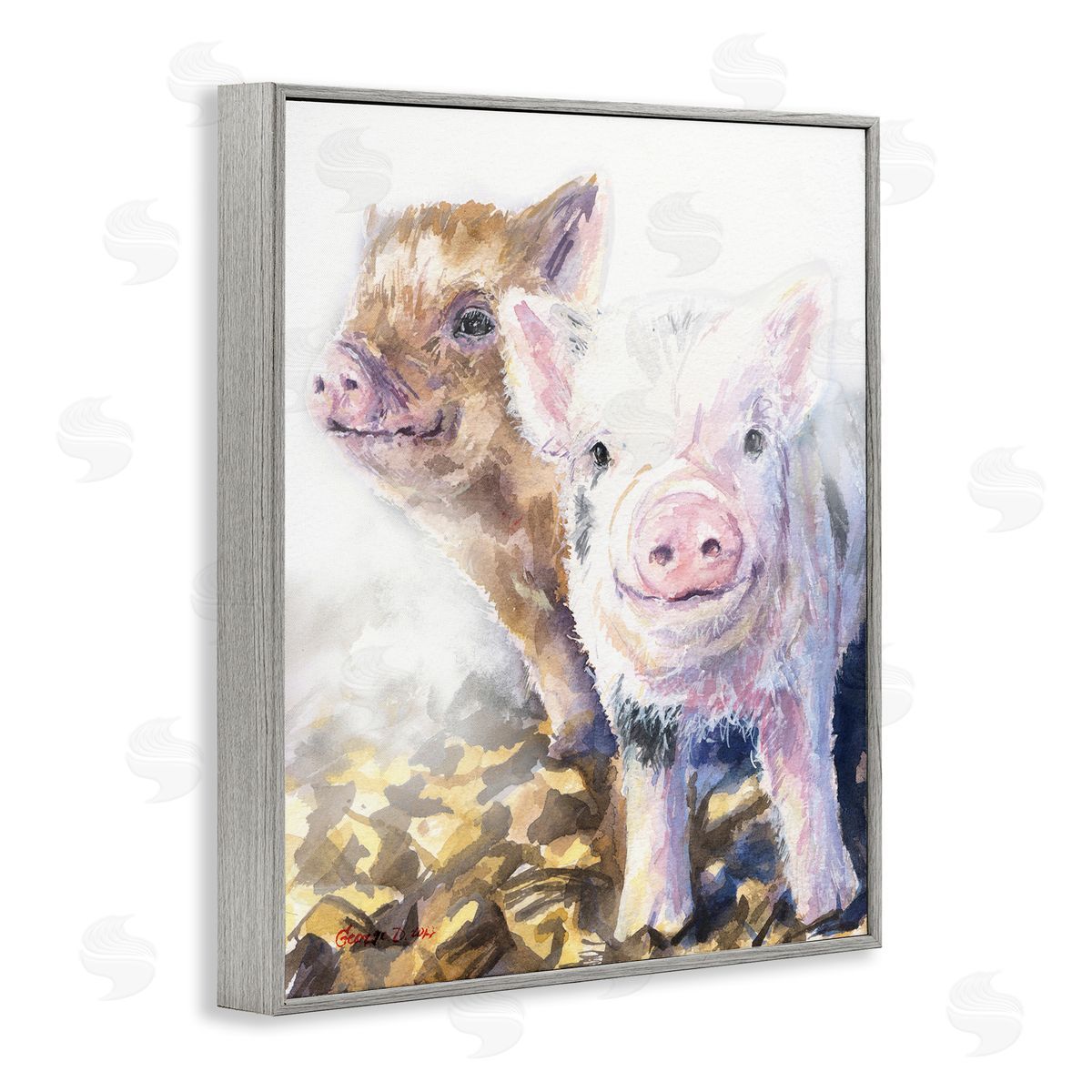 George Dyachenko Baby Piglets Smiling Adorable Farm Animals Gray Framed Giclee Wall Art