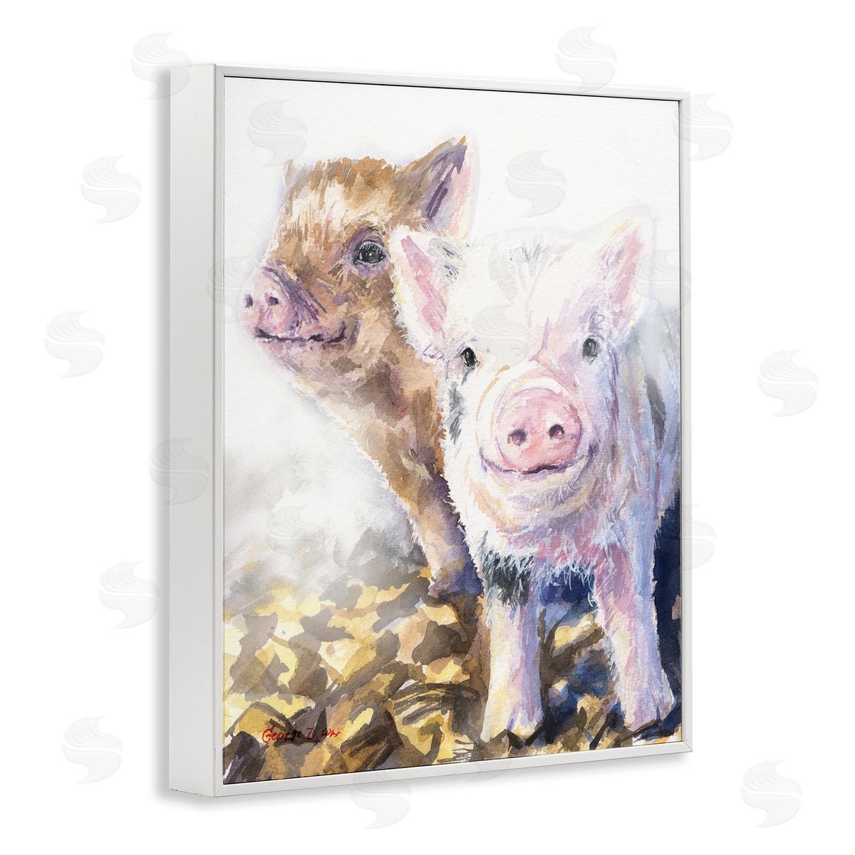 George Dyachenko Baby Piglets Smiling Adorable Farm Animals White Framed Giclee Wall Art