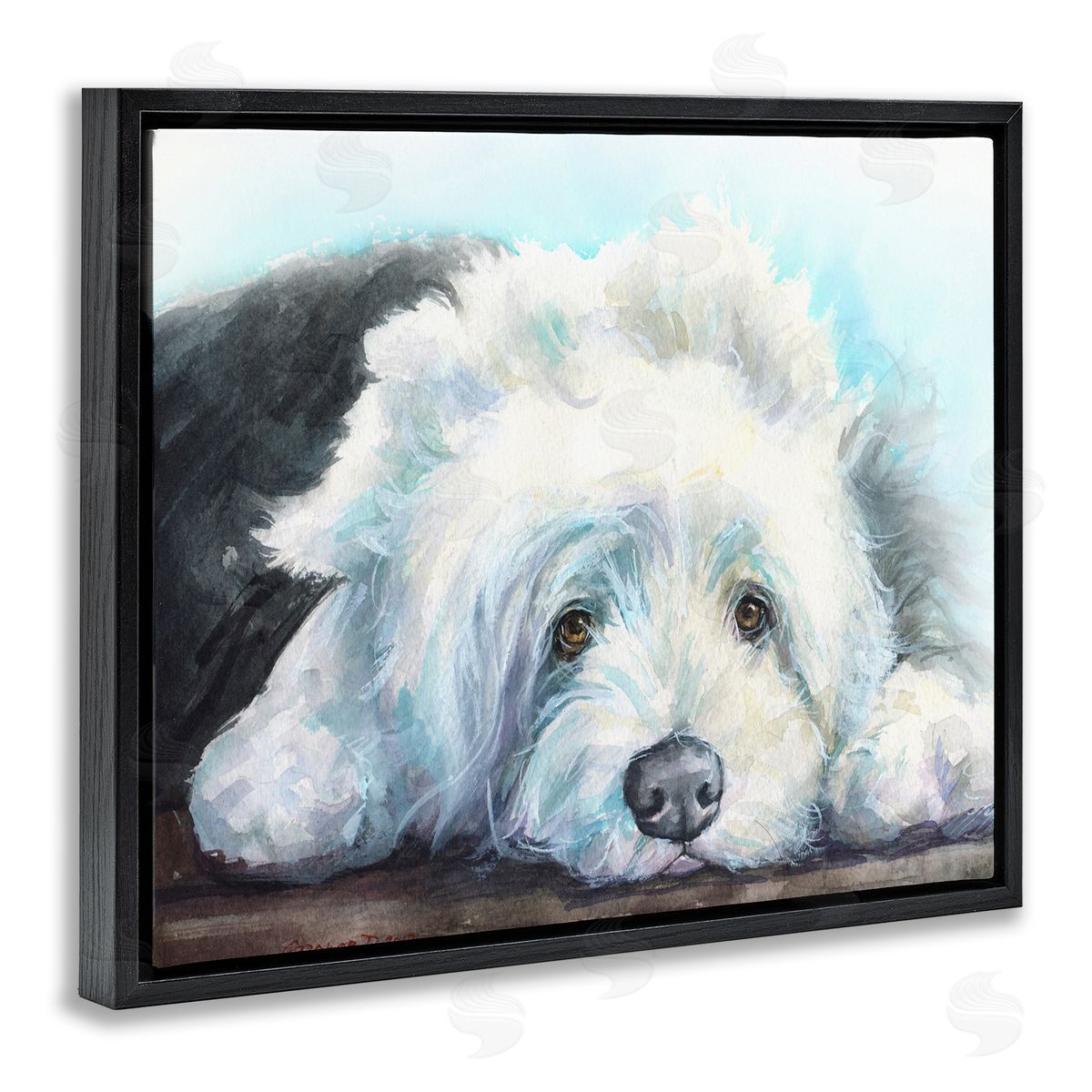 George Dyachenko Fluffy Old English Sheepdog Puppy Resting Black Floater Frame Canvas Art