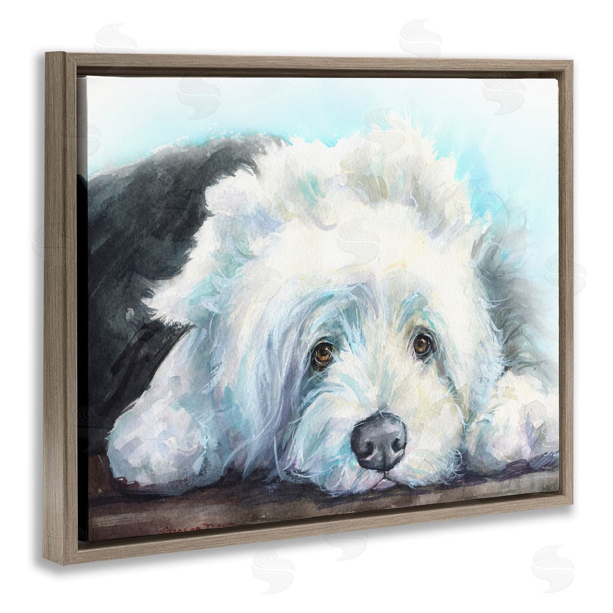 George Dyachenko Fluffy Old English Sheepdog Puppy Resting Brown Floater Frame Canvas Art