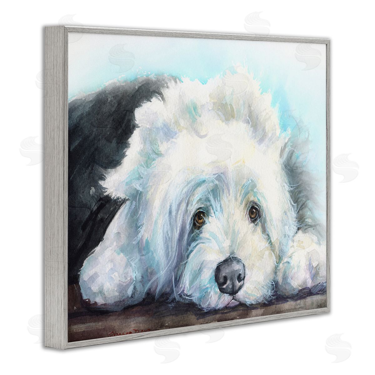 George Dyachenko Fluffy Old English Sheepdog Puppy Resting Gray Framed Giclee Wall Art