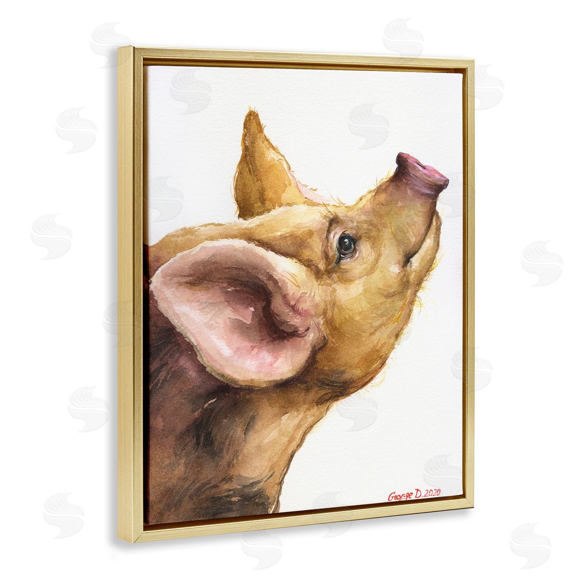 George Dyachenko Oxford Sandy Piglet Adorable Farm Animal Gaze Gold Floater Frame Canvas Art