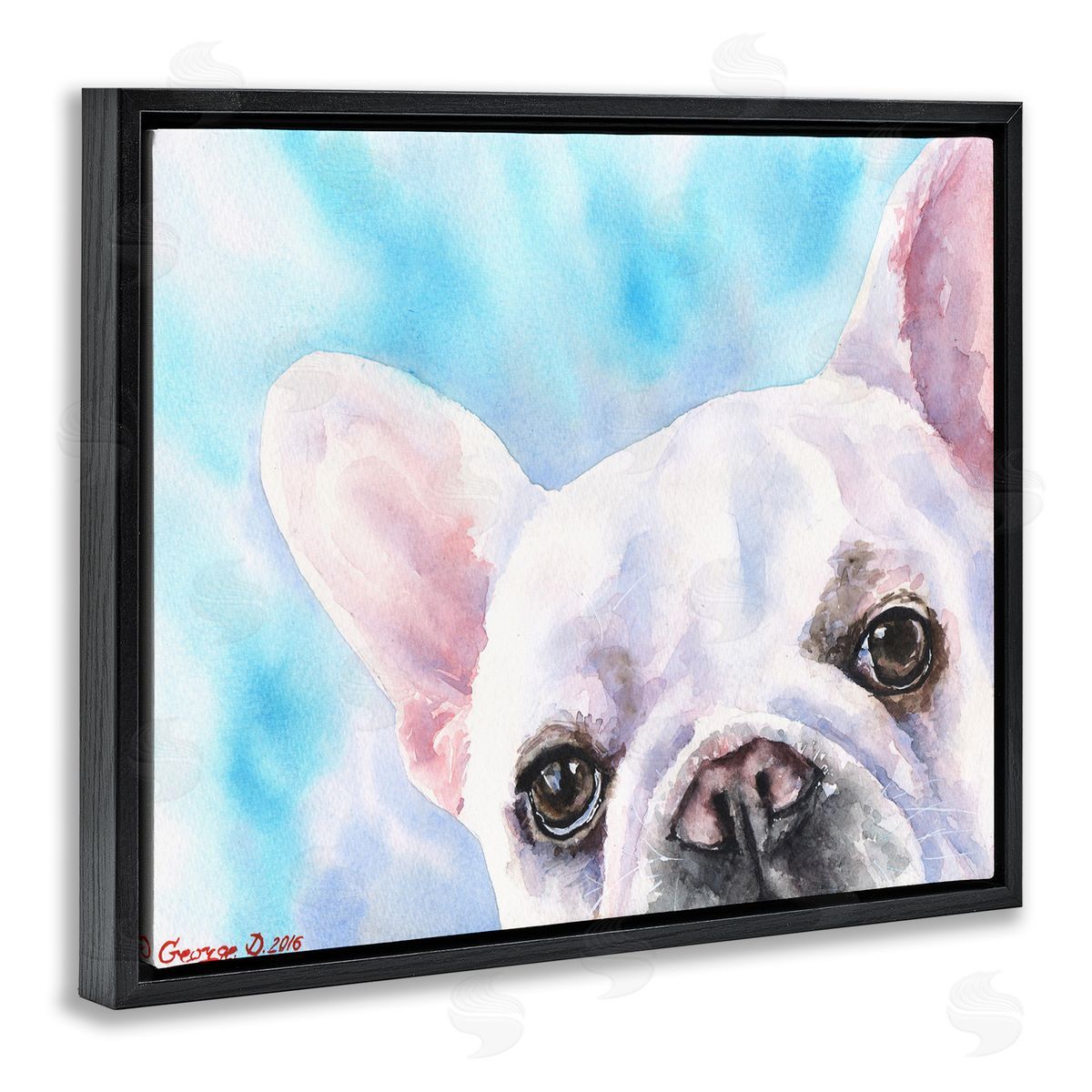 George Dyachenko French Bulldog Puppy Eyes Gaze White Blue Black Floater Frame Canvas Art