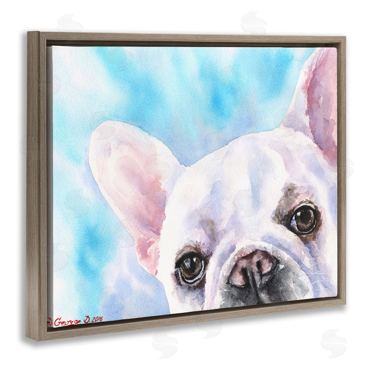 George Dyachenko French Bulldog Puppy Eyes Gaze White Blue Brown Floater Frame Canvas Art