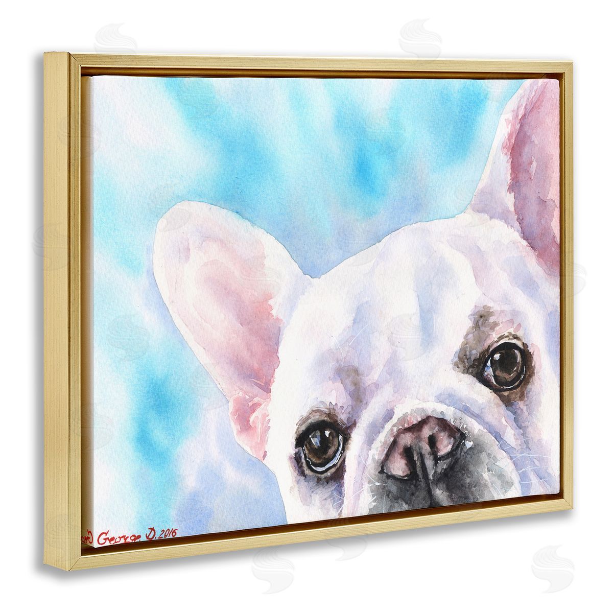 George Dyachenko French Bulldog Puppy Eyes Gaze White Blue Gold Floater Frame Canvas Art