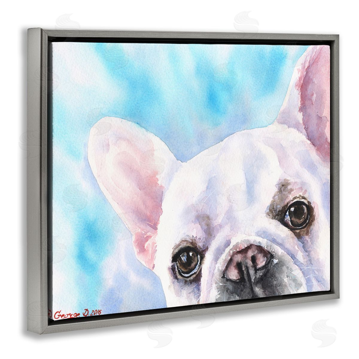 George Dyachenko French Bulldog Puppy Eyes Gaze White Blue Gray Floater Frame Canvas Art