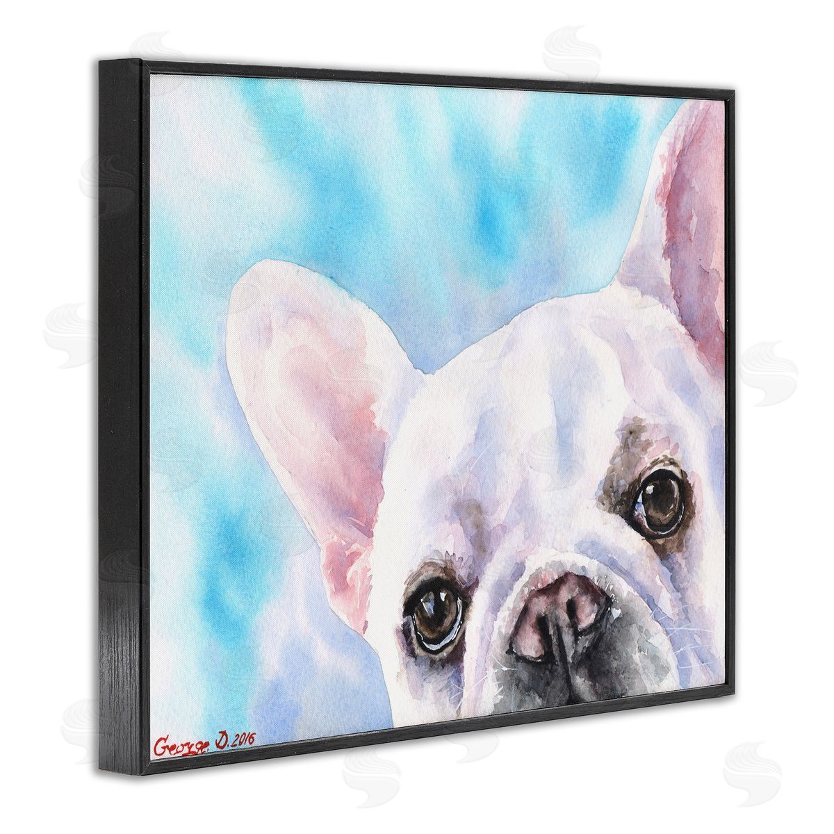 George Dyachenko French Bulldog Puppy Eyes Gaze White Blue Black Framed Giclee Wall Art