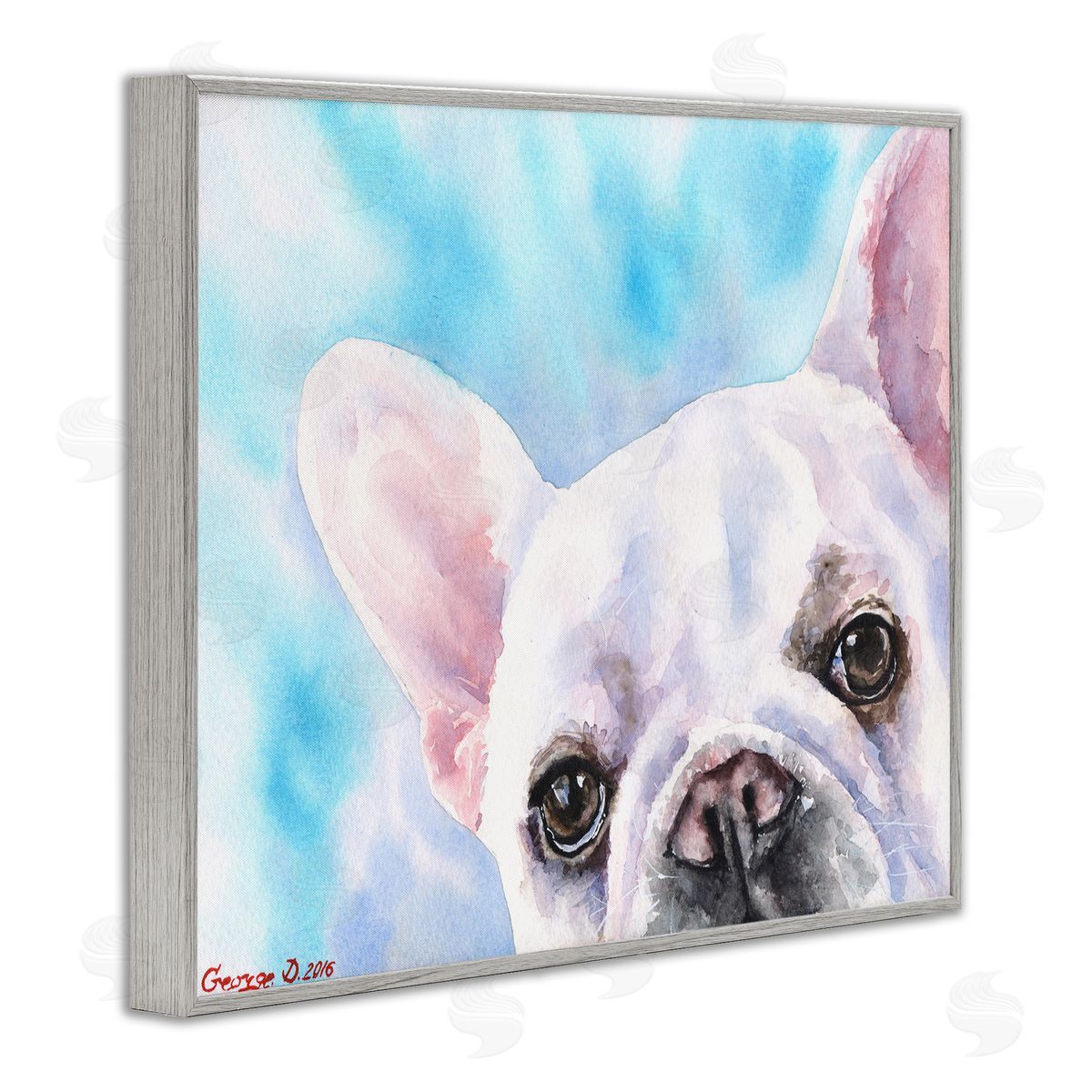 George Dyachenko French Bulldog Puppy Eyes Gaze White Blue Gray Framed Giclee Wall Art