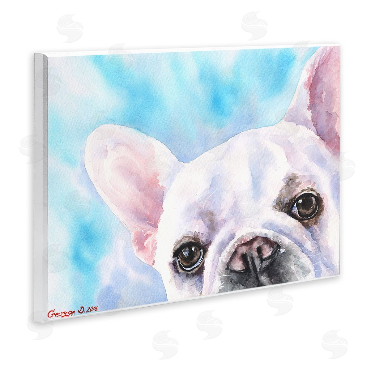 George Dyachenko French Bulldog Puppy Eyes Gaze White Blue Wall Plaque Art
