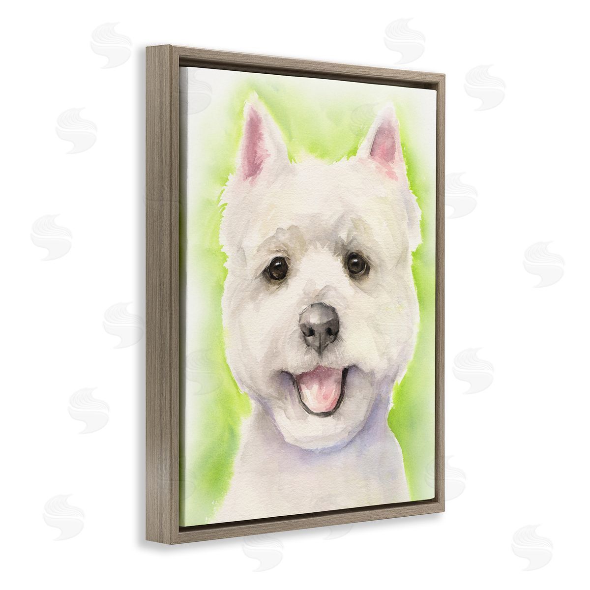 George Dyachenko Happy Smiling Westie Pet Dog In Grass Brown Floater Frame Canvas Art