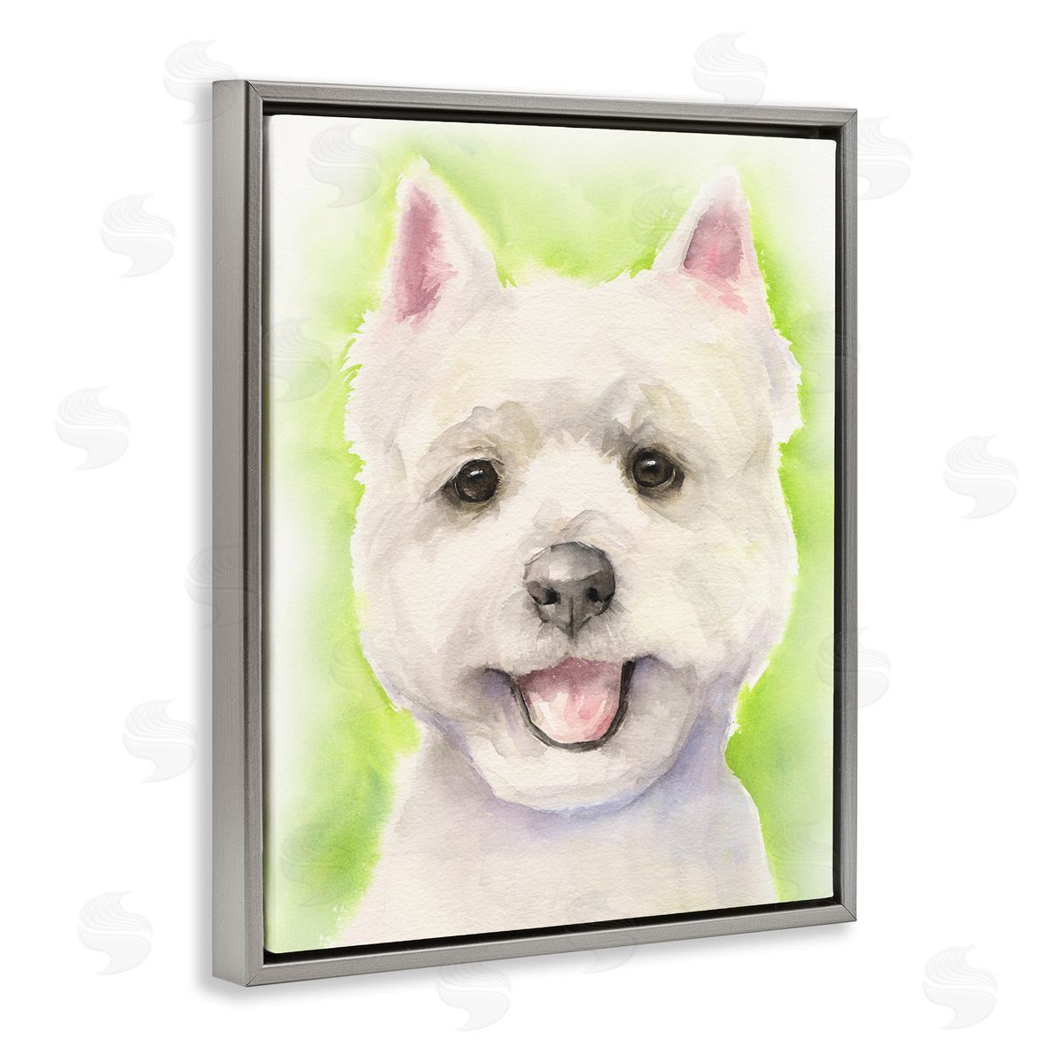 George Dyachenko Happy Smiling Westie Pet Dog In Grass Gray Floater Frame Canvas Art