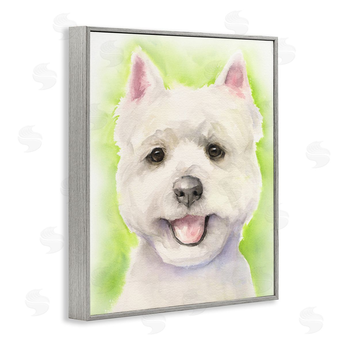 George Dyachenko Happy Smiling Westie Pet Dog In Grass Gray Framed Giclee Wall Art