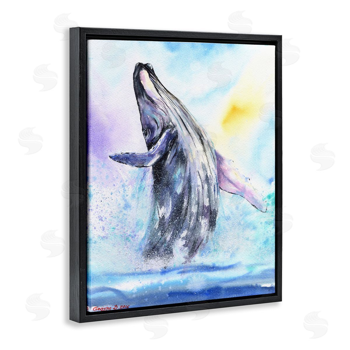 George Dyachenko Humpback Whale Ocean Jump Blue Water Black Floater Frame Canvas Art