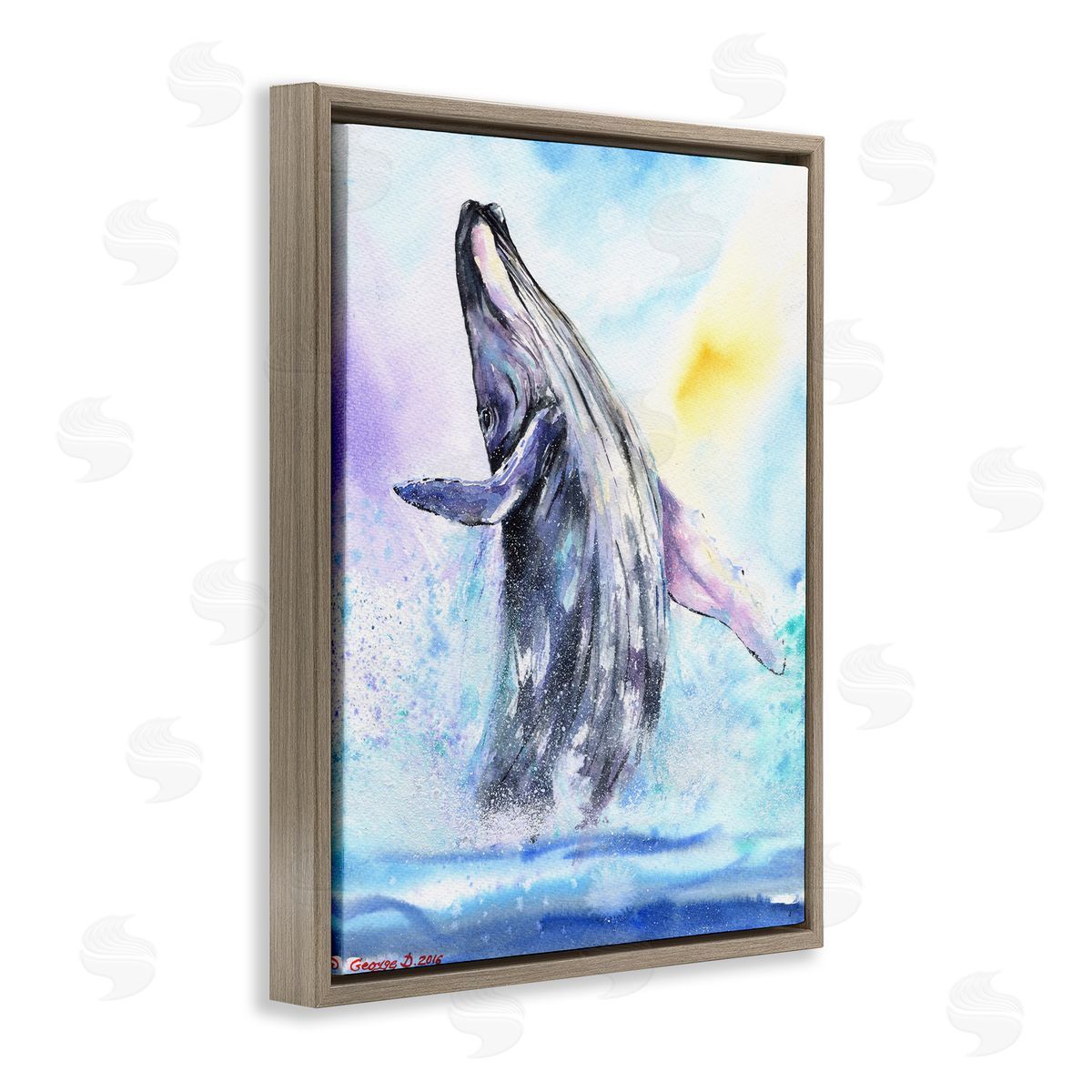 George Dyachenko Humpback Whale Ocean Jump Blue Water Brown Floater Frame Canvas Art