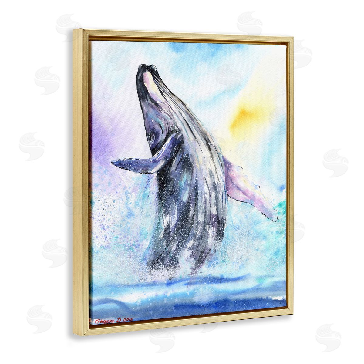 George Dyachenko Humpback Whale Ocean Jump Blue Water Gold Floater Frame Canvas Art