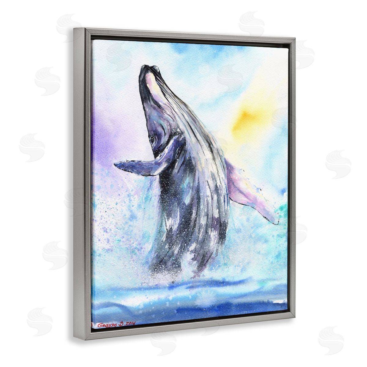 George Dyachenko Humpback Whale Ocean Jump Blue Water Gray Floater Frame Canvas Art