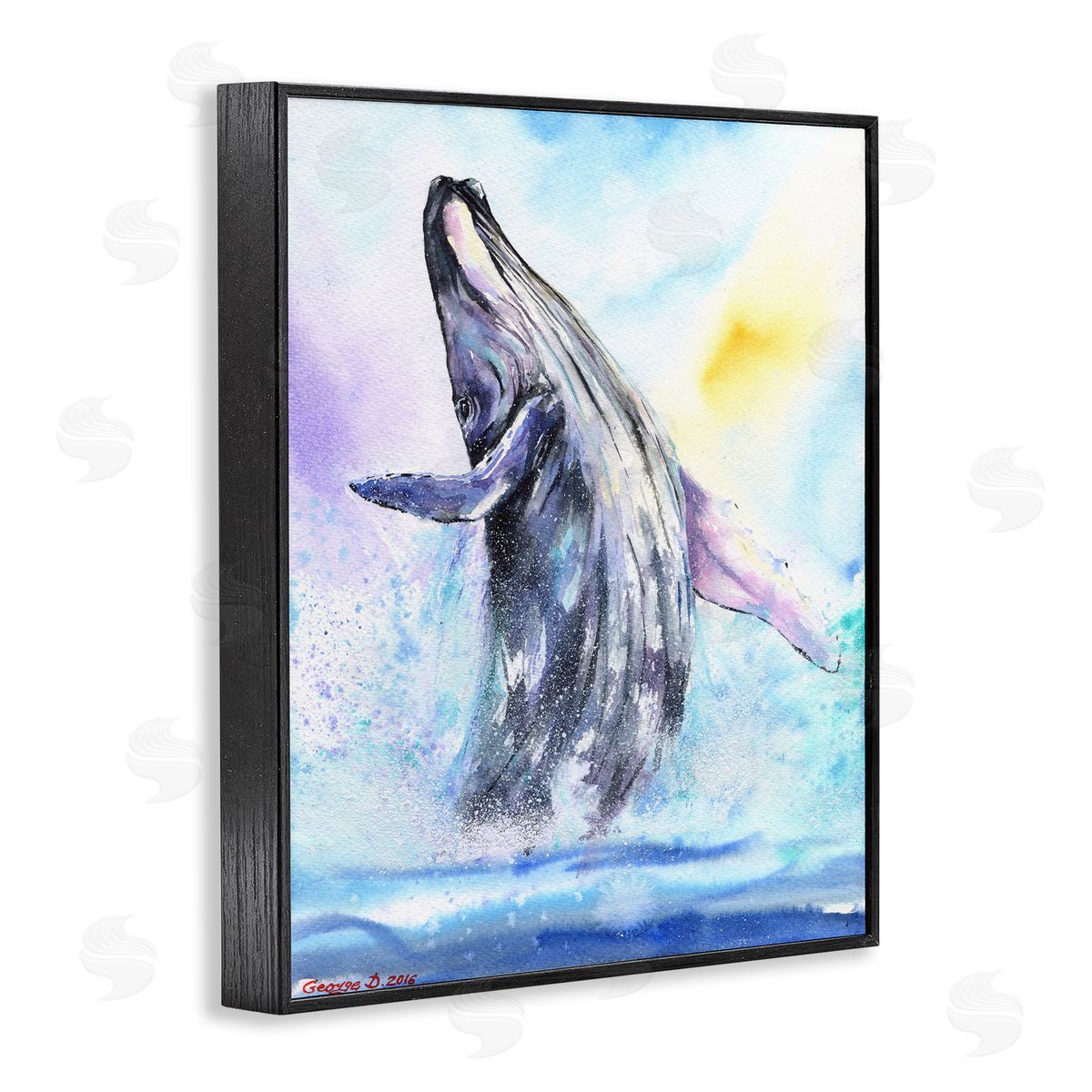 George Dyachenko Humpback Whale Ocean Jump Blue Water Black Framed Giclee Wall Art