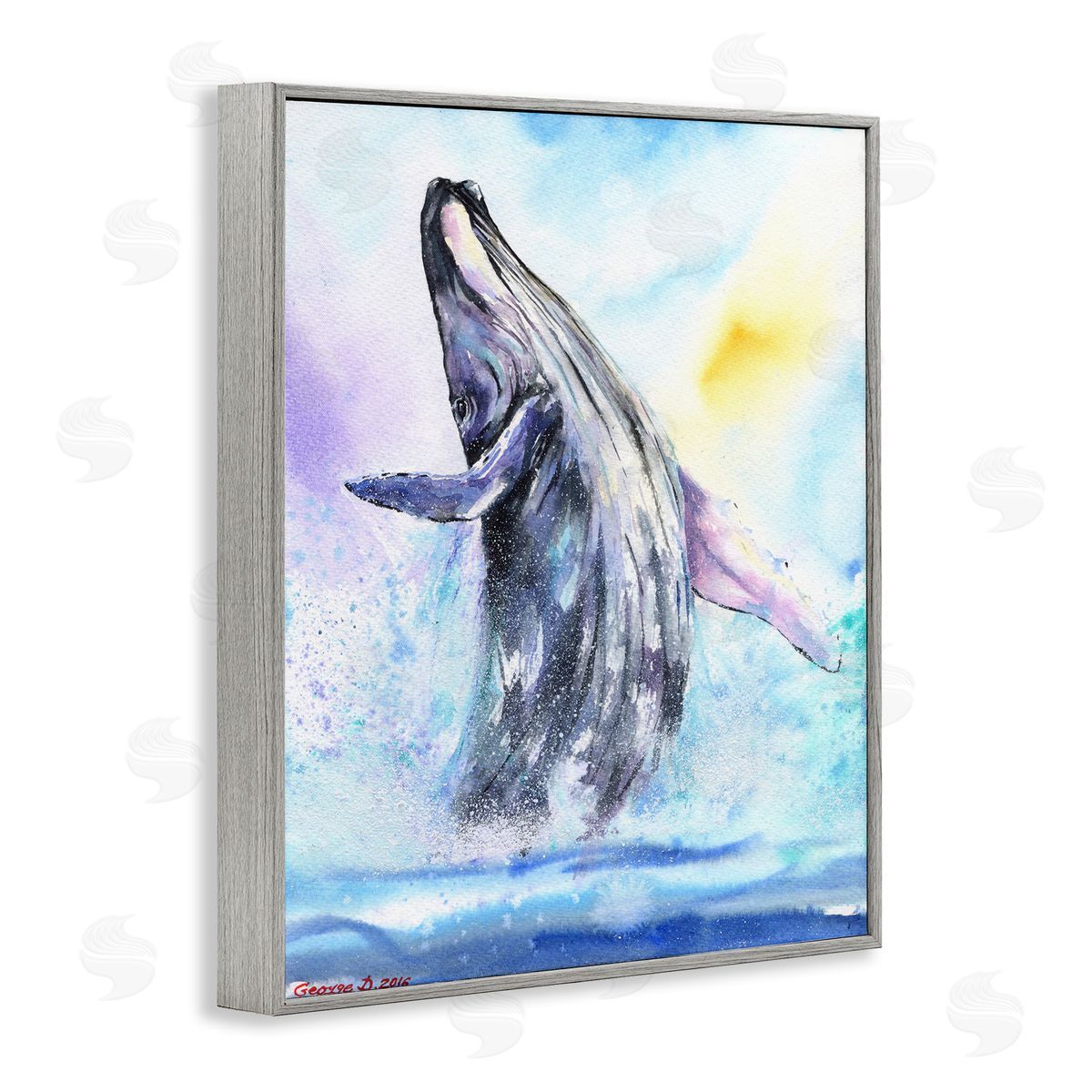 George Dyachenko Humpback Whale Ocean Jump Blue Water Gray Framed Giclee Wall Art