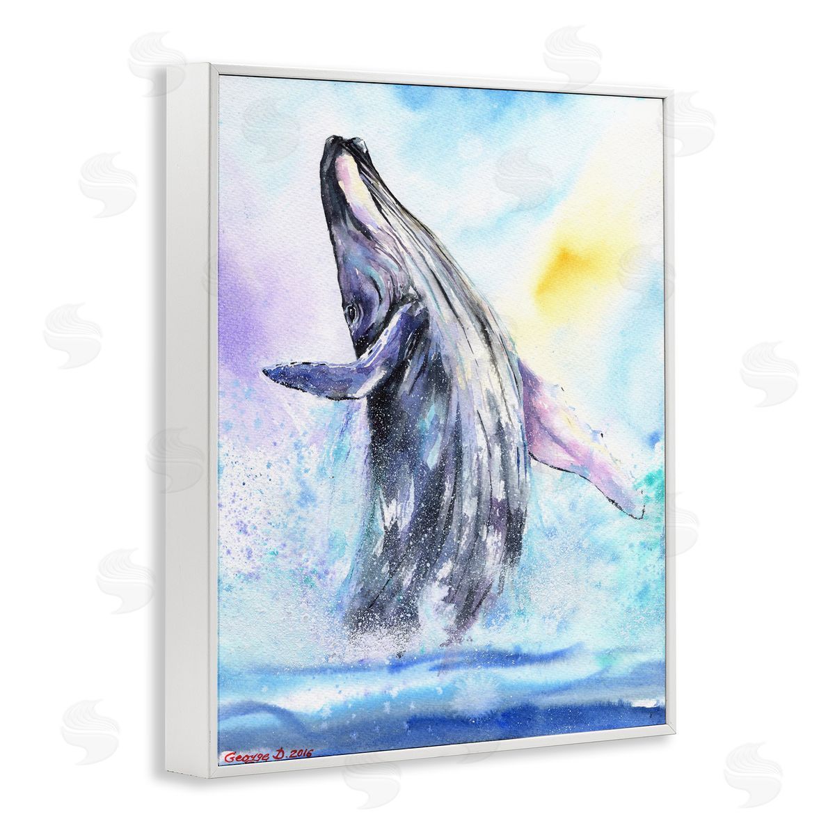 George Dyachenko Humpback Whale Ocean Jump Blue Water White Framed Giclee Wall Art