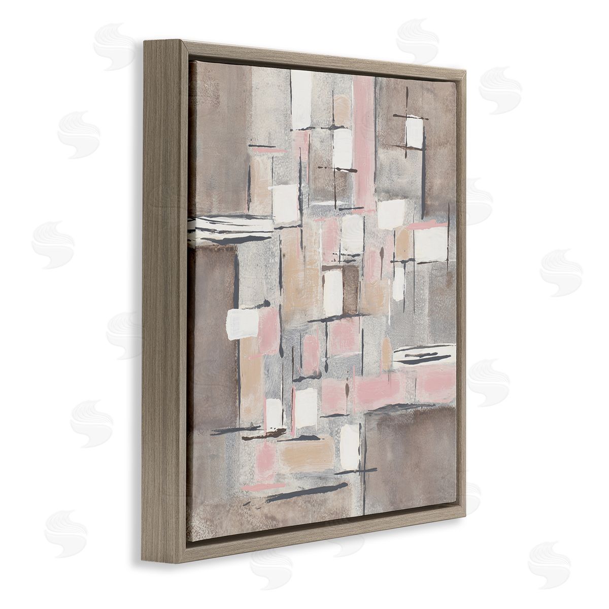 Merri Pattinian Pink Brown Patchwork Abstract Geometric Grid Brown Floater Frame Canvas Art