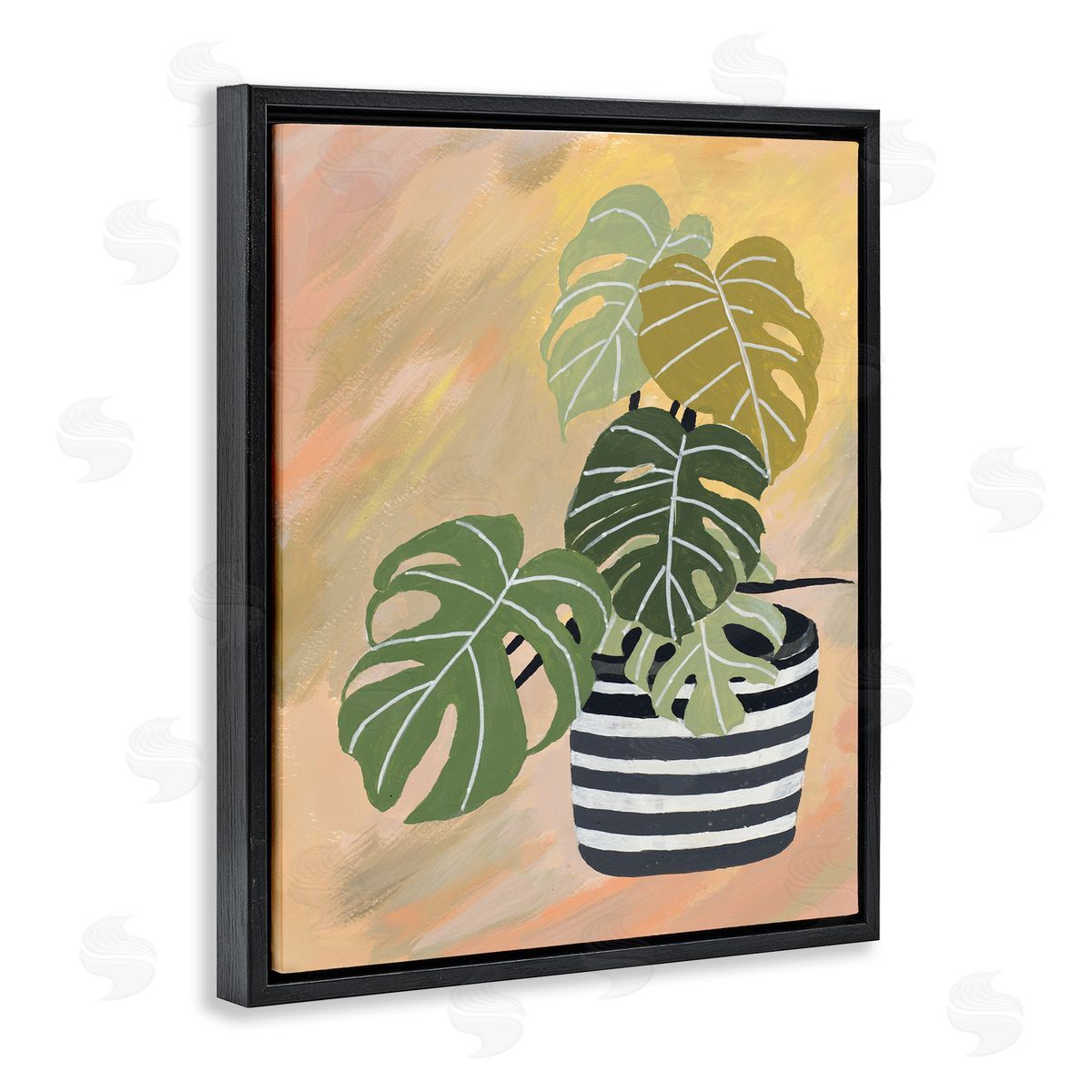 Patricia Pinto Tropical Monstera Plant Unique Leaves Over Abstract Black Floater Frame Canvas Art