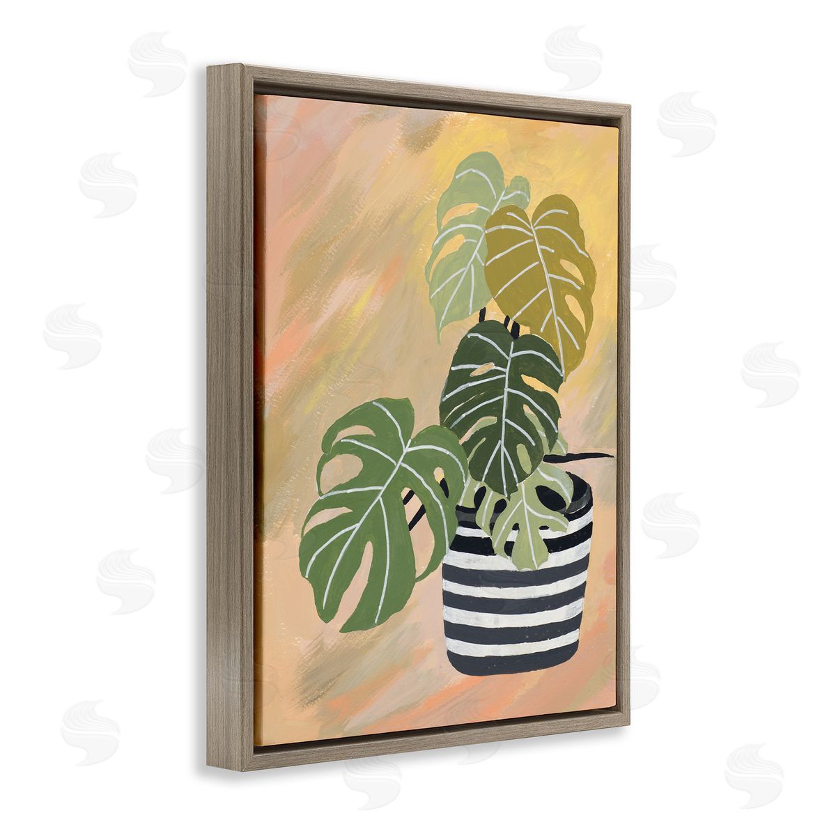Patricia Pinto Tropical Monstera Plant Unique Leaves Over Abstract Brown Floater Frame Canvas Art