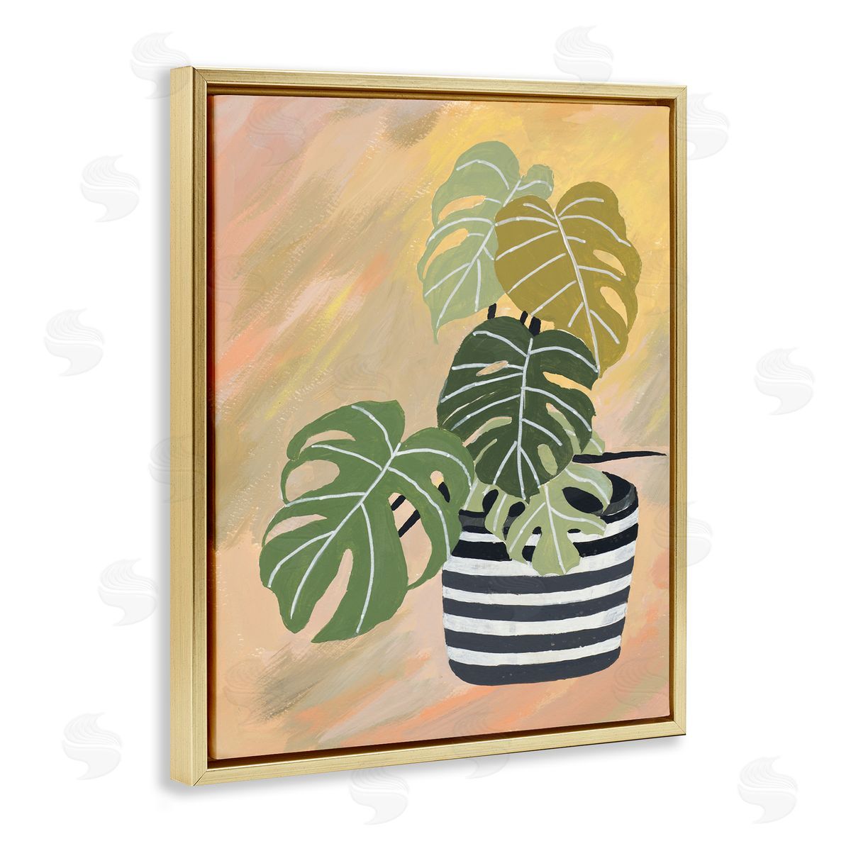 Patricia Pinto Tropical Monstera Plant Unique Leaves Over Abstract Gold Floater Frame Canvas Art