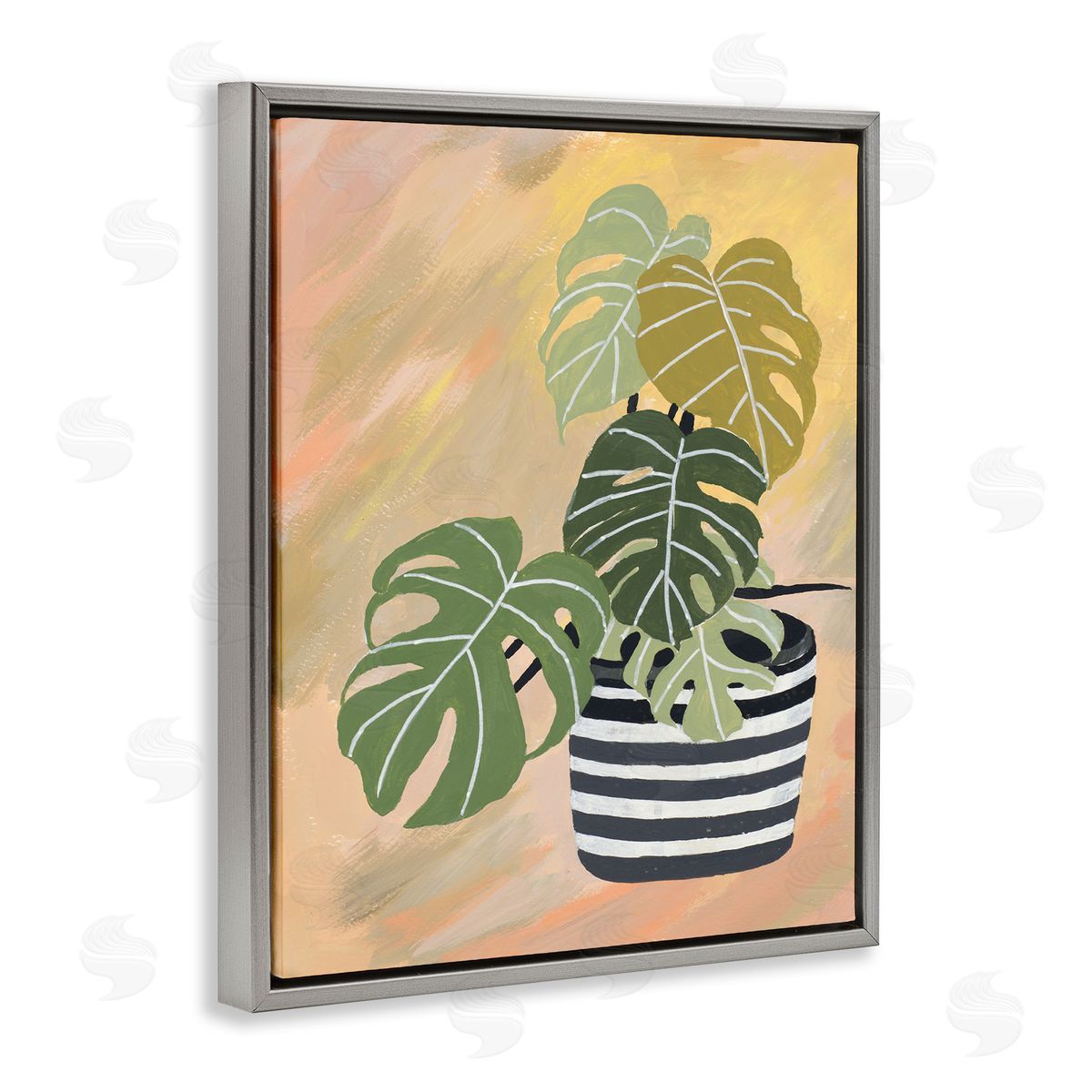 Patricia Pinto Tropical Monstera Plant Unique Leaves Over Abstract Gray Floater Frame Canvas Art